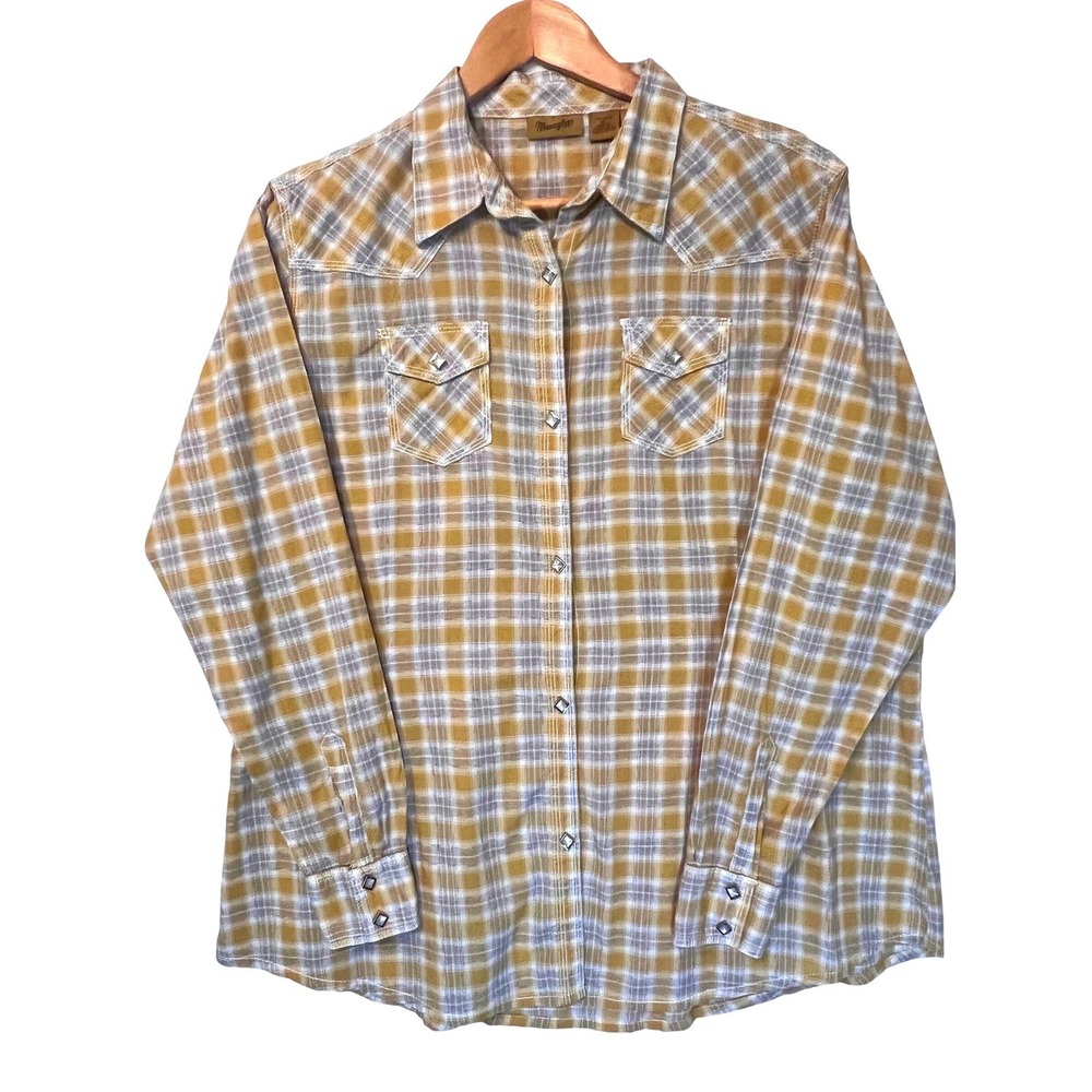 Wrangler Women's Western Rodeo‎ Shirt XL Gold Yellow Plaid L/S Pearl Snap Front